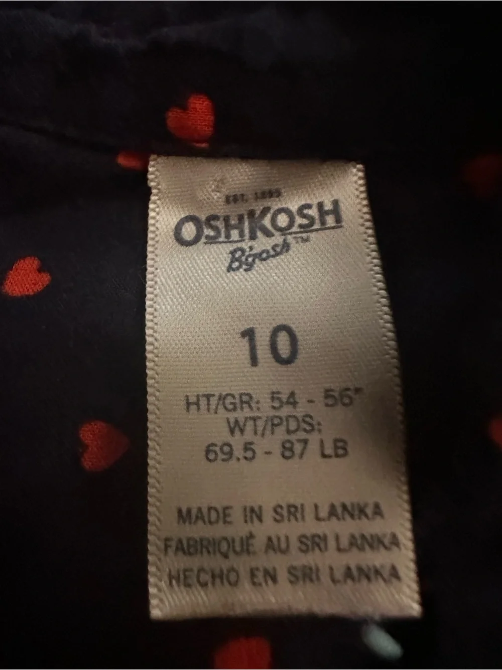 OshKosh B'gosh Navy Long Sleeve Top with Red Heart Print | Size 10 Y #Valentine